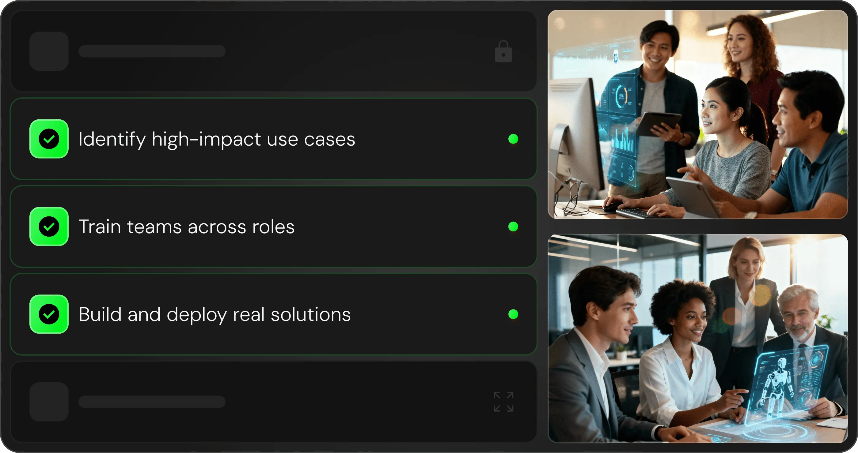 iForAI AI implementation checklist showing three completed steps alongside two photos of diverse business teams collaborating on AI solutions in a modern office environment