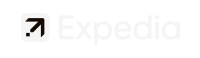 Expedia logo displayed in white on a black background, featuring a stylized arrow icon alongside the brand name, representing a global online travel booking platform.