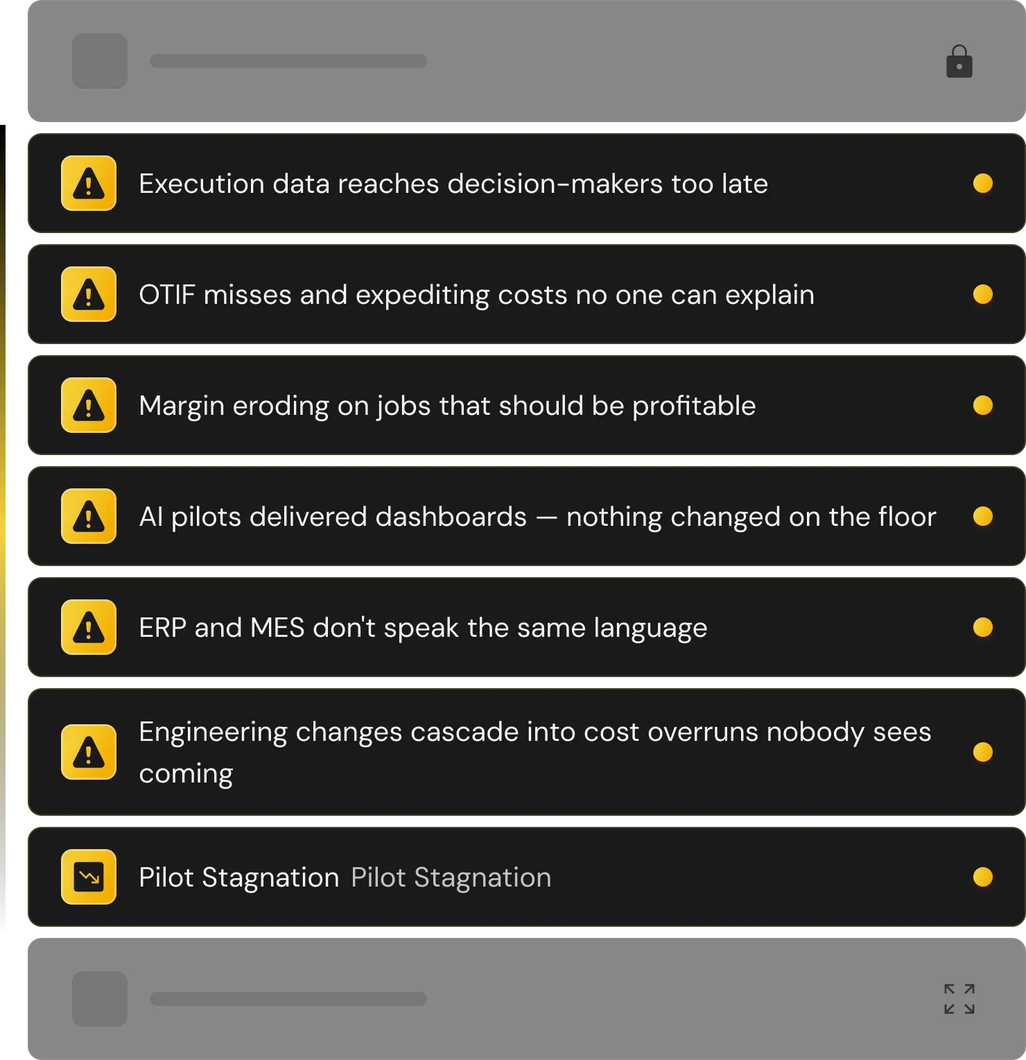 Notification panel highlighting 'Pilot Stagnation' with the message 'ROI not realized' and a yellow alert icon.