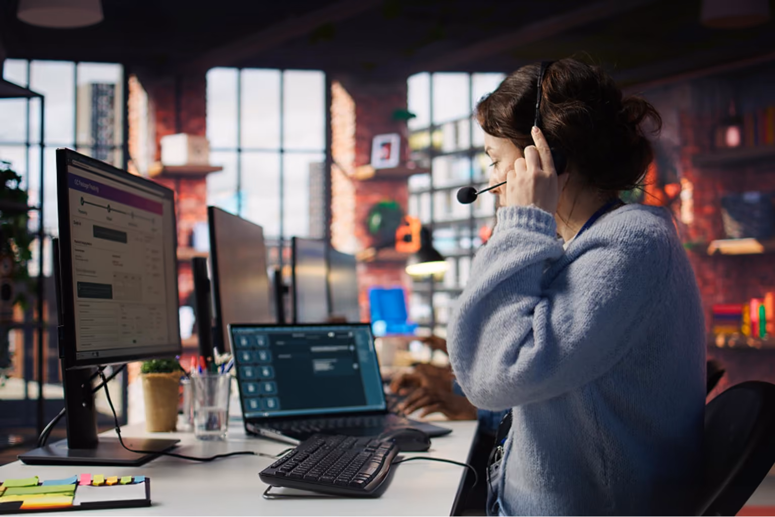 Woman wearing a headset sitting at a desk with two computer monitors in a modern office with large windows and shelves in the background.