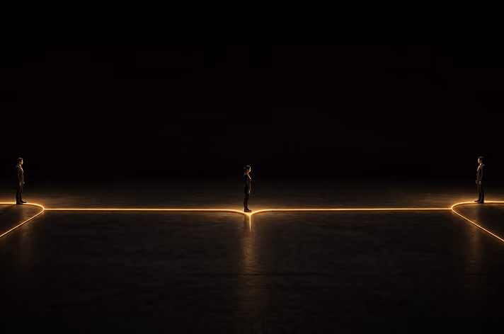 Three individuals standing at distinct points along glowing yellow lines forming a T-shaped path on a dark surface.