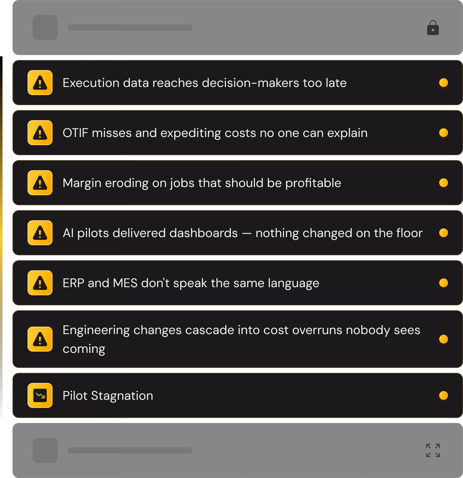 Notification panel highlighting 'Pilot Stagnation' with the message 'ROI not realized' and a yellow alert icon.
