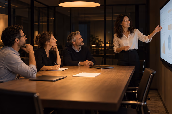 A team in a meeting room looking at one shared screen while a colleague points at it.
