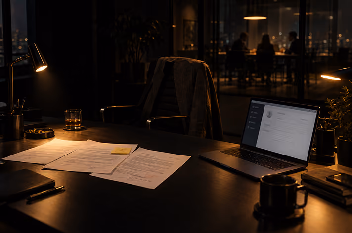 Dimly lit office desk with several versions of a document, a half-filled customer record on a laptop and an empty chair, while colleagues meet behind a glass wall.