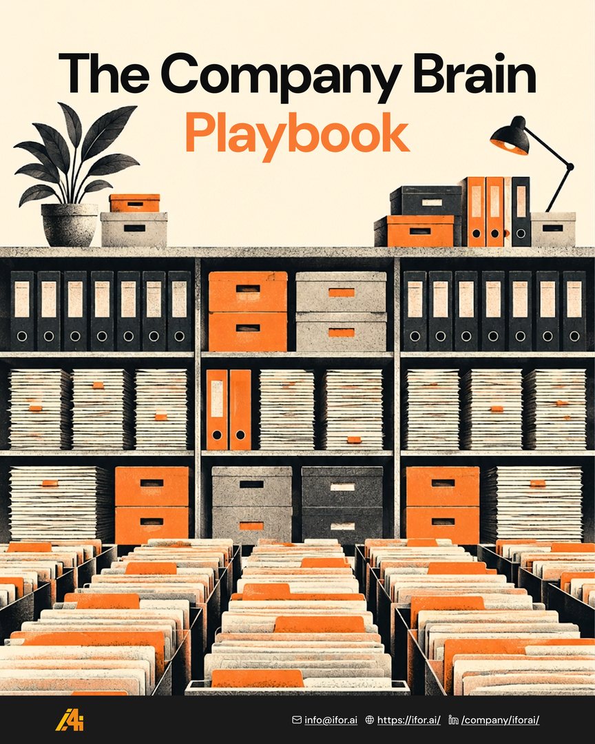 Cover of The Company Brain Playbook, an illustration of organised office shelves with binders, boxes and files.