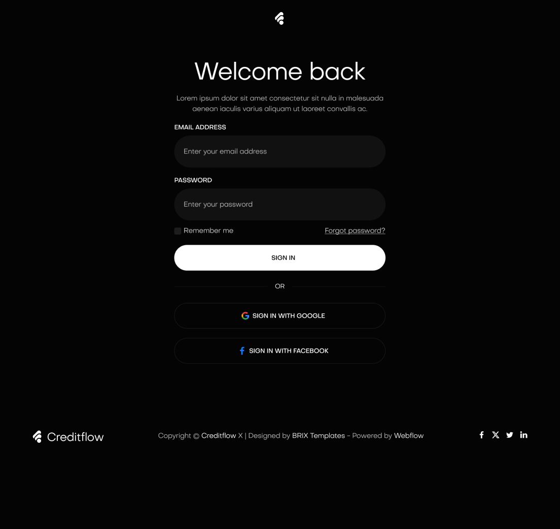 Creditflow - Sign In Utility Page - Bank Webflow Template | BRIX Templates