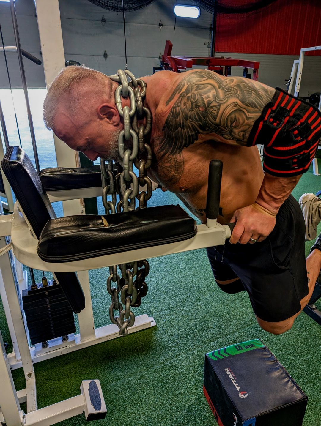 Drew Heckman performing weighted dips with heavy chains during bodybuilding training at S.O.B. Gym