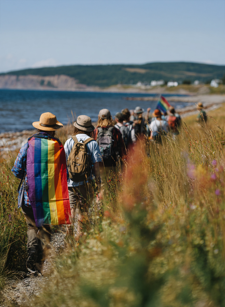 Groupe qui marche le long de la Baie.