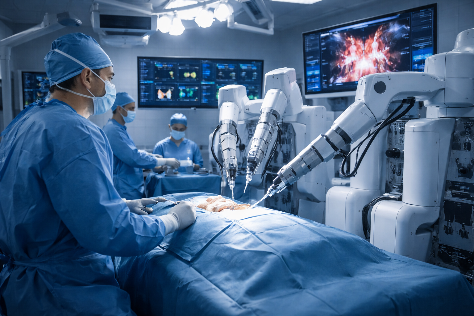 Surgeons in blue scrubs operating with robotic surgical arms in a high-tech operating room.