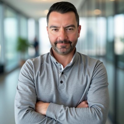 Man with dark hair and beard wearing a gray long-sleeve shirt with arms crossed, standing in a modern office hallway.