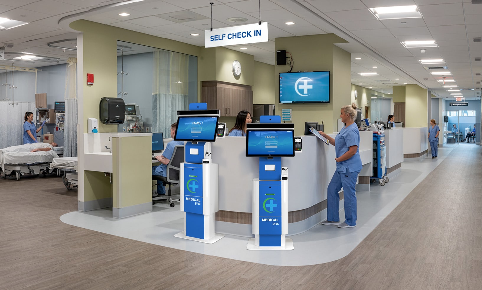 Hospital reception area with two blue self check-in kiosks, healthcare staff working at the desk, and patient rooms in the background.