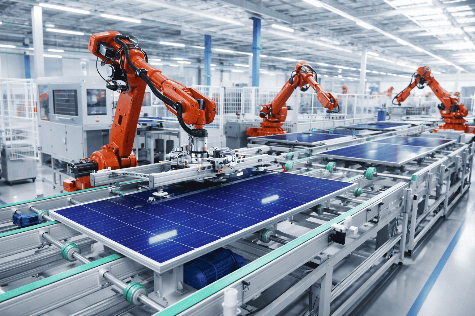 Robotic arms assembling solar panels on an automated industrial production line in a bright manufacturing facility.