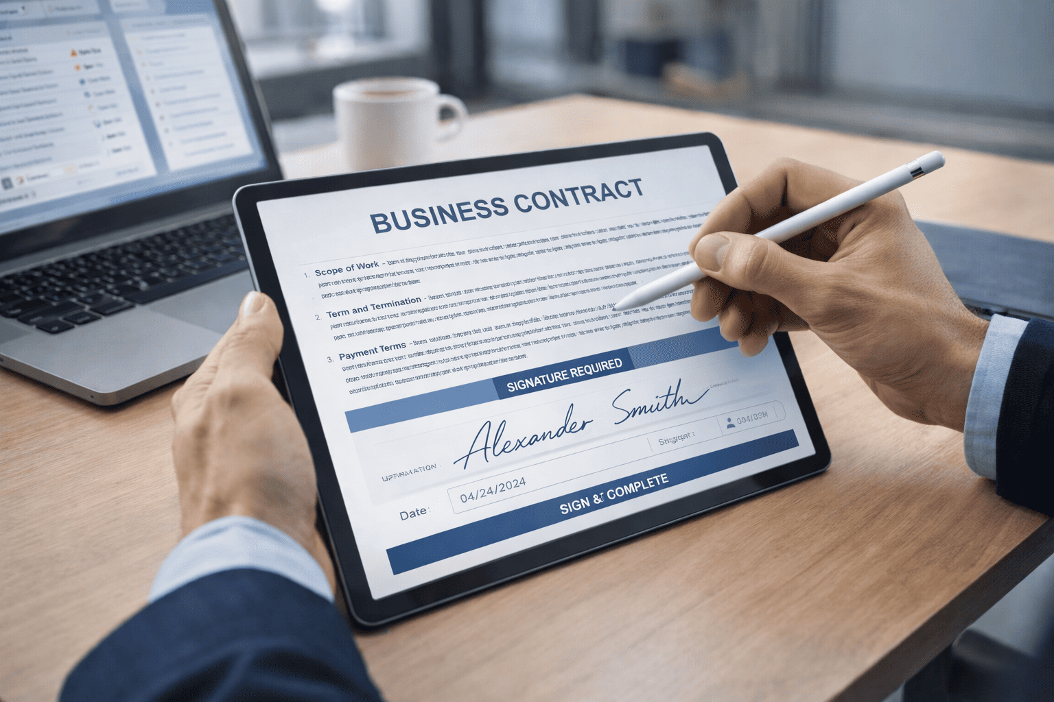 Person in business attire holding a tablet and using a stylus to sign a digital business contract with the name Alexander Smith and date 04/24/2024.