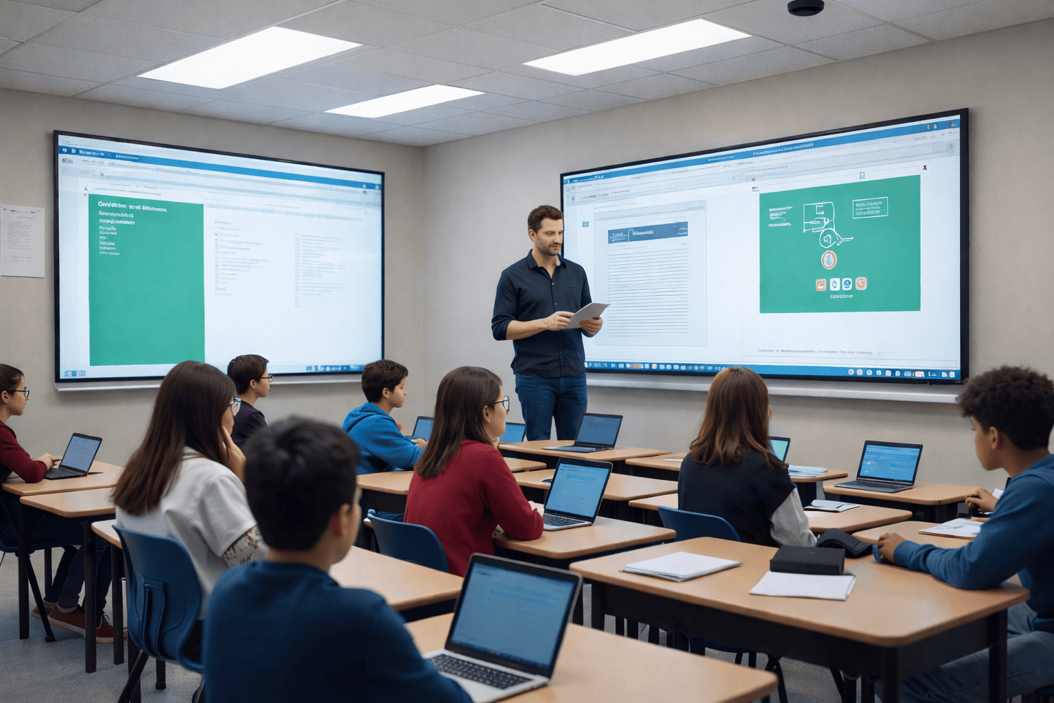 Teacher standing and holding papers in front of two large screens, with students sitting at desks using laptops in a modern classroom.