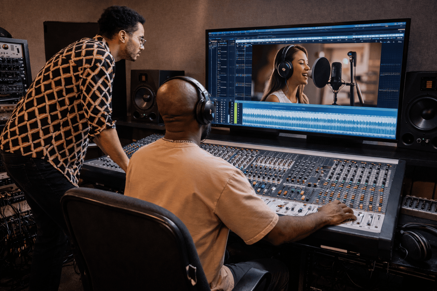 Two sound engineers working at a mixing console with a large monitor showing a woman singing into a microphone in a recording studio.