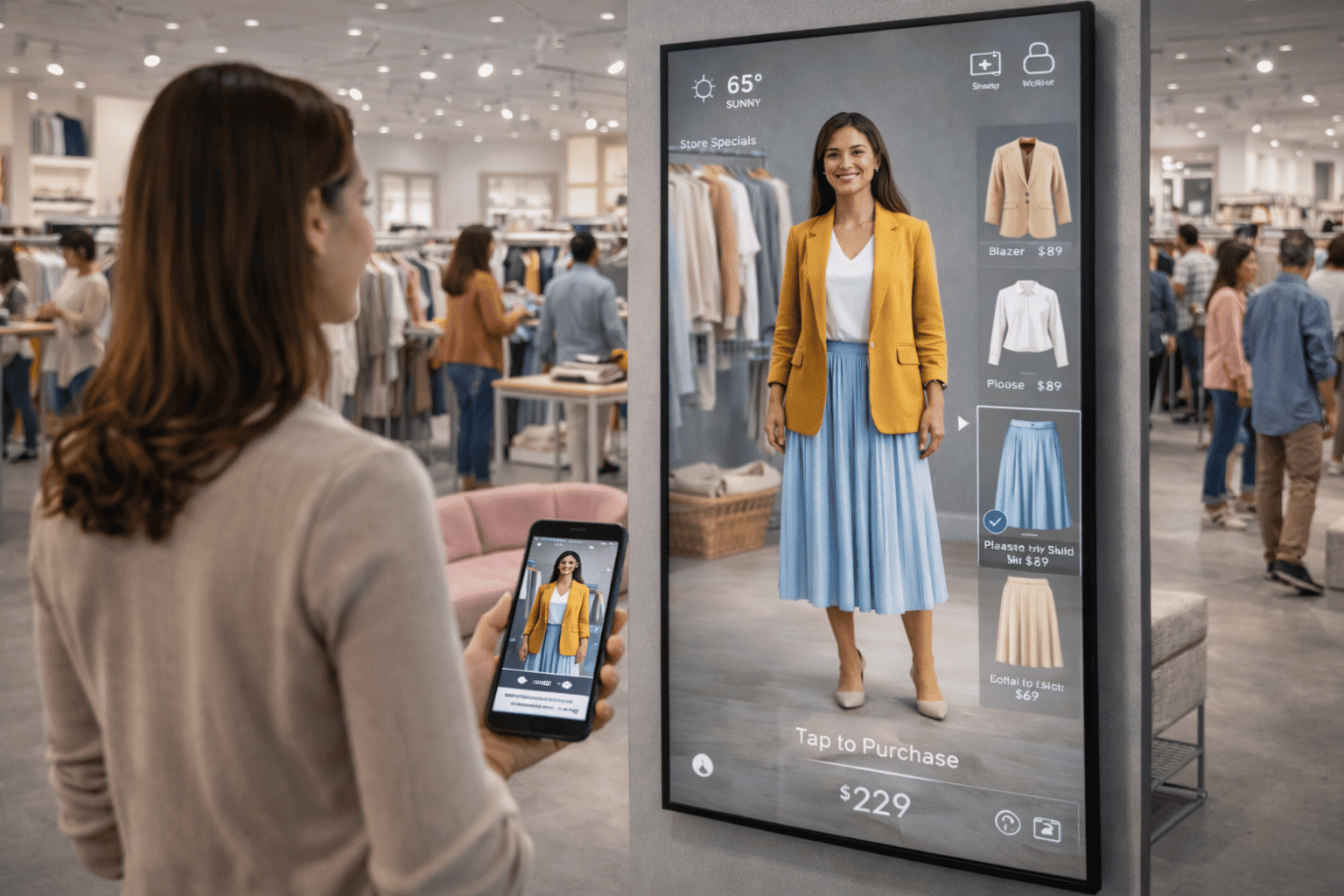 Woman using a virtual fitting room with an interactive display showing her wearing a yellow blazer and blue skirt priced at $229 in a clothing store.