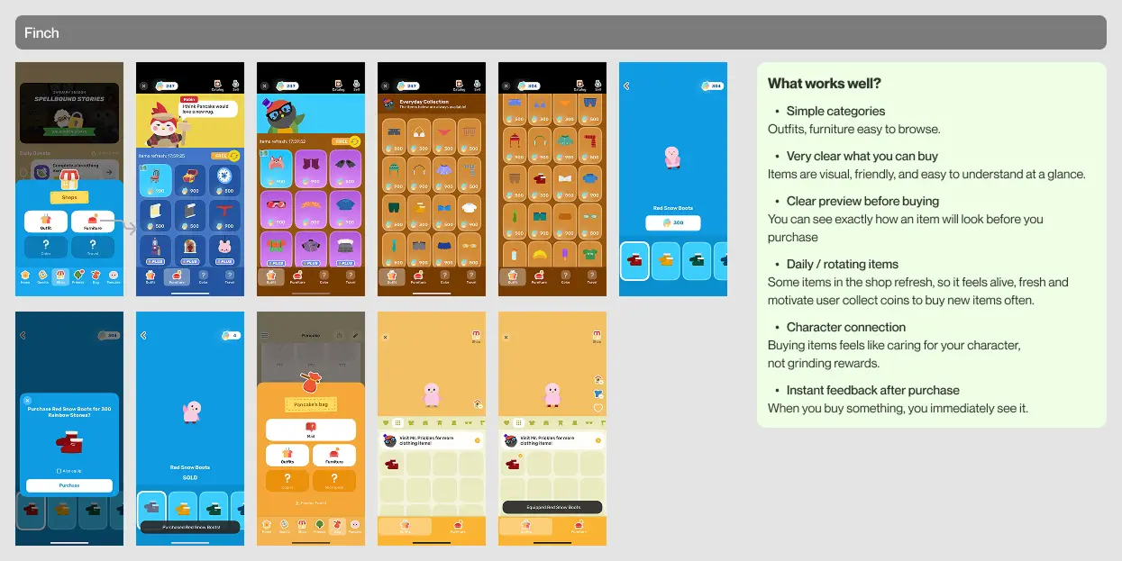 Finch self-care app shop interface with bird character outfits, furniture items, and instant visual preview of items on companion
