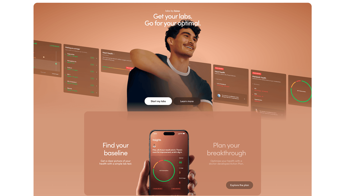 Hims.com — Labs section. Same homepage, four different visual environments.