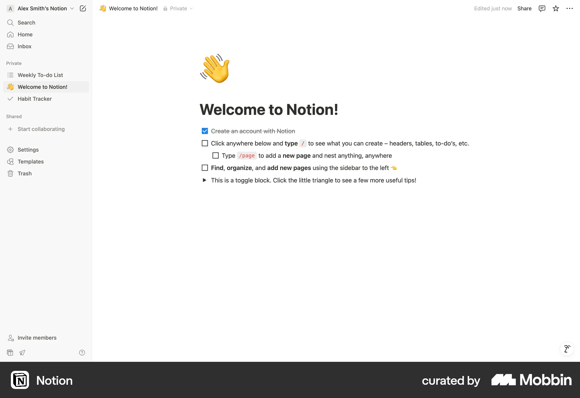 Notion — "Welcome to Notion!" in-product checklist]Source: mobbin.com