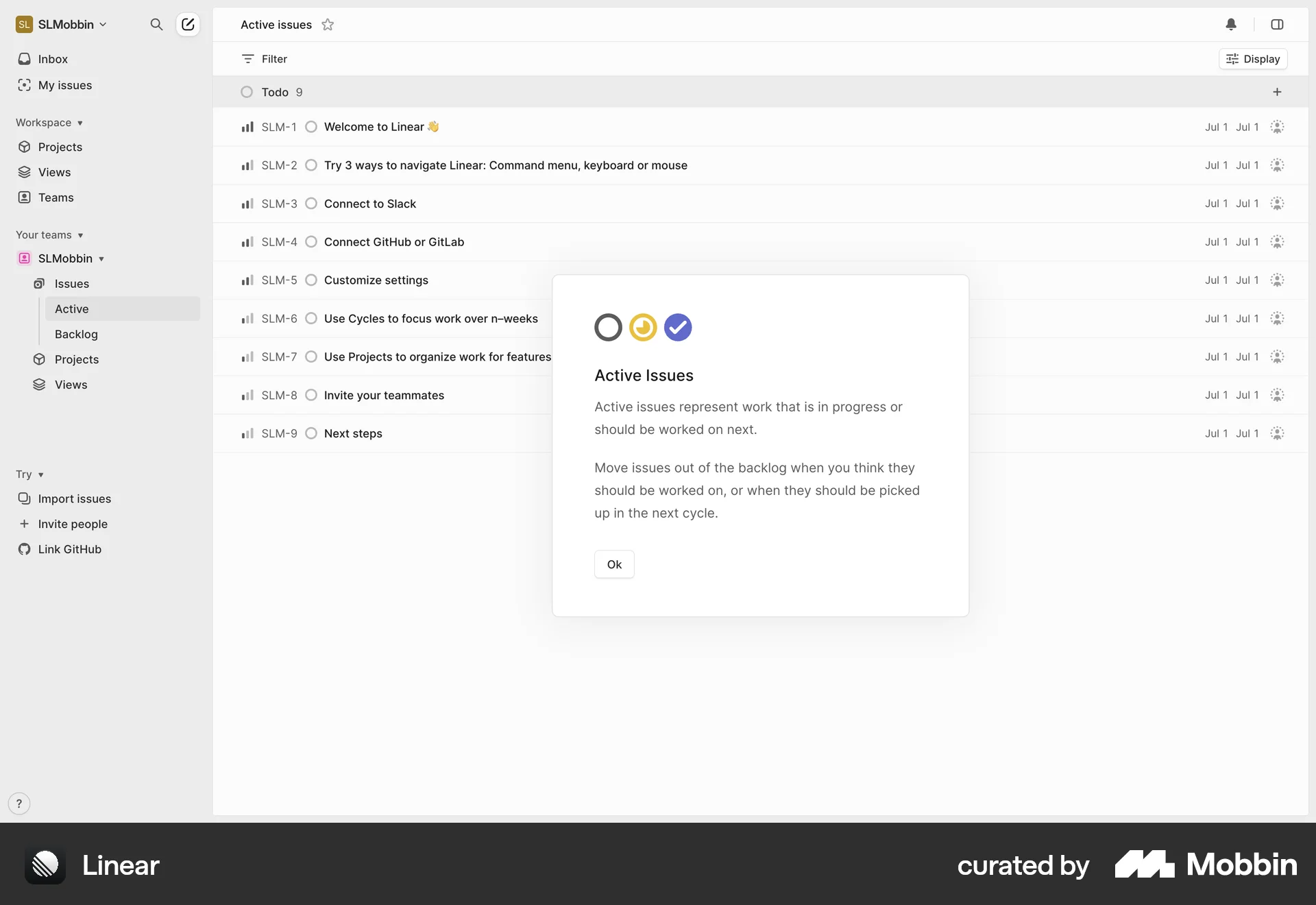 Linear — workspace with pre-populated onboarding issues. Source: mobbin.com