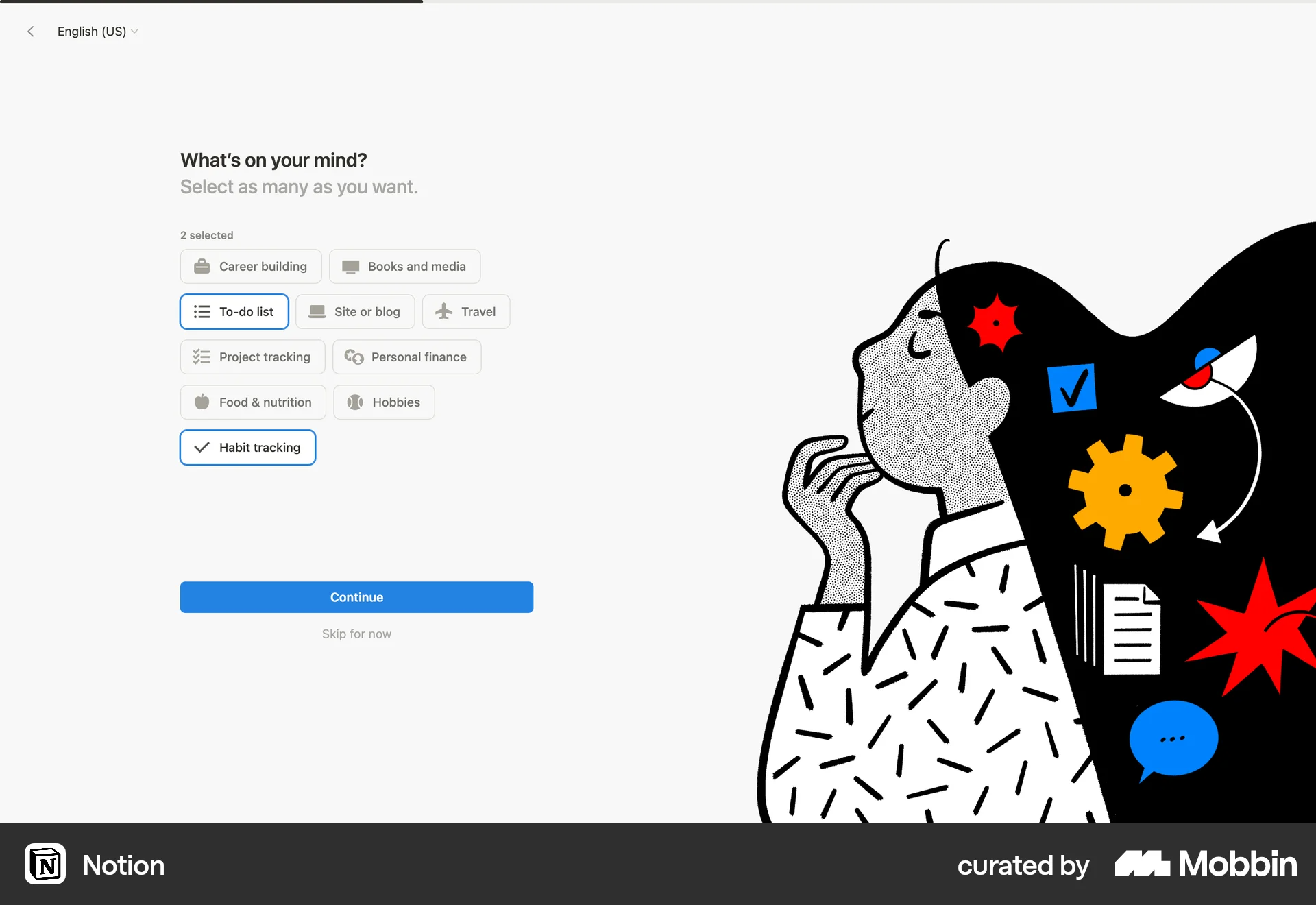Notion — "What's on your mind?" multi-select screen. Source: mobbin.com