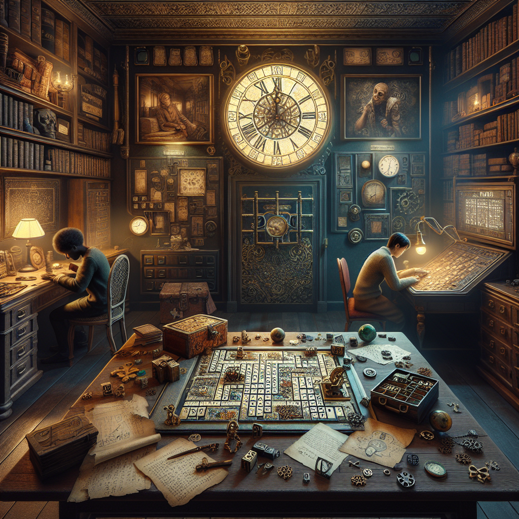 Das Bild zeigt ein detailreiches Escape Room-Szenario in einem viktorianisch anmutenden Raum voller Rätsel und Geheimnisse. Zwei Personen arbeiten konzentriert an verschiedenen Stationen. Eine Person sitzt an einem Schreibtisch und untersucht Dokumente, während die andere an einem großen, beleuchteten Schaltpult arbeitet. Der Raum ist mit antiken Möbeln, Regalen voller Bücher und kuriosen Gegenständen ausgestattet. Ein großer Uhrenturm und verschlossene Türen im Hintergrund verstärken die Atmosphäre. Das Bild passt zum Abschnitt über Escape Rooms im Blog-Beitrag und illustriert die intensive Teamarbeit und Problemlösungsaktivitäten, die typisch für diese Art von Veranstaltung sind.