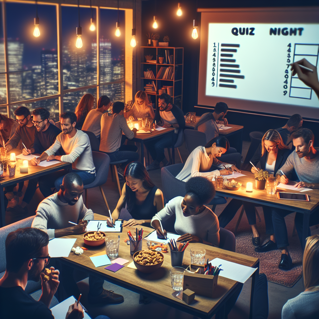 Das Bild zeigt eine lebhafte Büro-Trivia-Nacht, bei der mehrere Teams an Tischen sitzen und konzentriert an Quizfragen arbeiten. Der Raum ist gemütlich beleuchtet mit warmen Lichtern und Kerzen, was eine einladende Atmosphäre schafft. Auf einem großen Bildschirm im Hintergrund ist Quiz Night zu lesen, und es gibt eine Punktetabelle. Die Teilnehmer sind in angeregter Diskussion, einige schreiben auf Notizblöcke, während andere über die Fragen nachdenken. Auf den Tischen befinden sich Snacks, Getränke und Schreibutensilien. Im Hintergrund sind große Fenster, die den Blick auf eine beleuchtete Stadtlandschaft bei Nacht freigeben. Dieses Bild passt perfekt zum Abschnitt über den Büro-Trivia-Abend im Blog-Beitrag und illustriert die gesellige und herausfordernde Natur eines solchen Abends. Es unterstreicht die Aspekte des freundlichen Wettbewerbs, der Teamarbeit und des Lernens, die beim gemeinsamen Beantworten von Trivia-Fragen gefördert werden. Solche Veranstaltungen bieten eine unterhaltsame Möglichkeit, das Wissen zu erweitern und gleichzeitig den Teamgeist zu stärken.