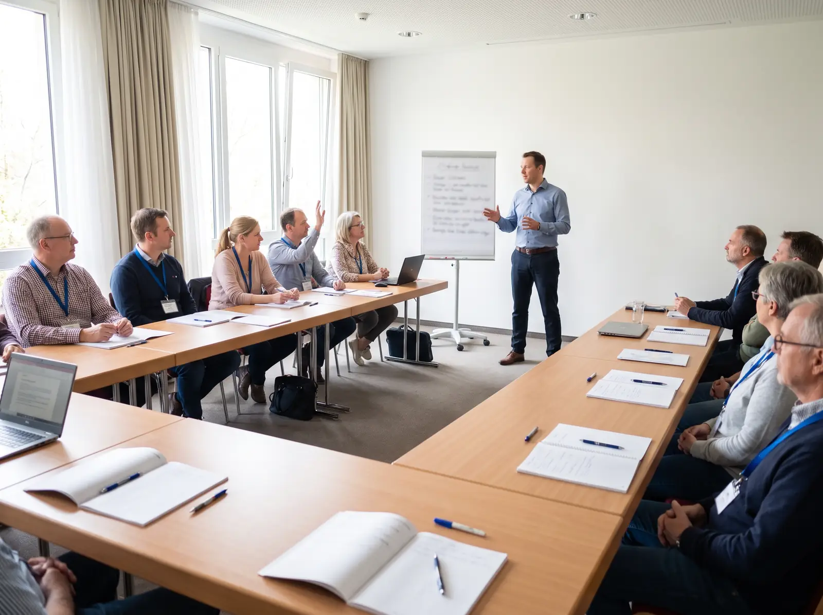 Seminar in einem Schulungsraum: Ein Trainer am Flipchart, Teilnehmende an Tischen in U-Form mit Namensschildern