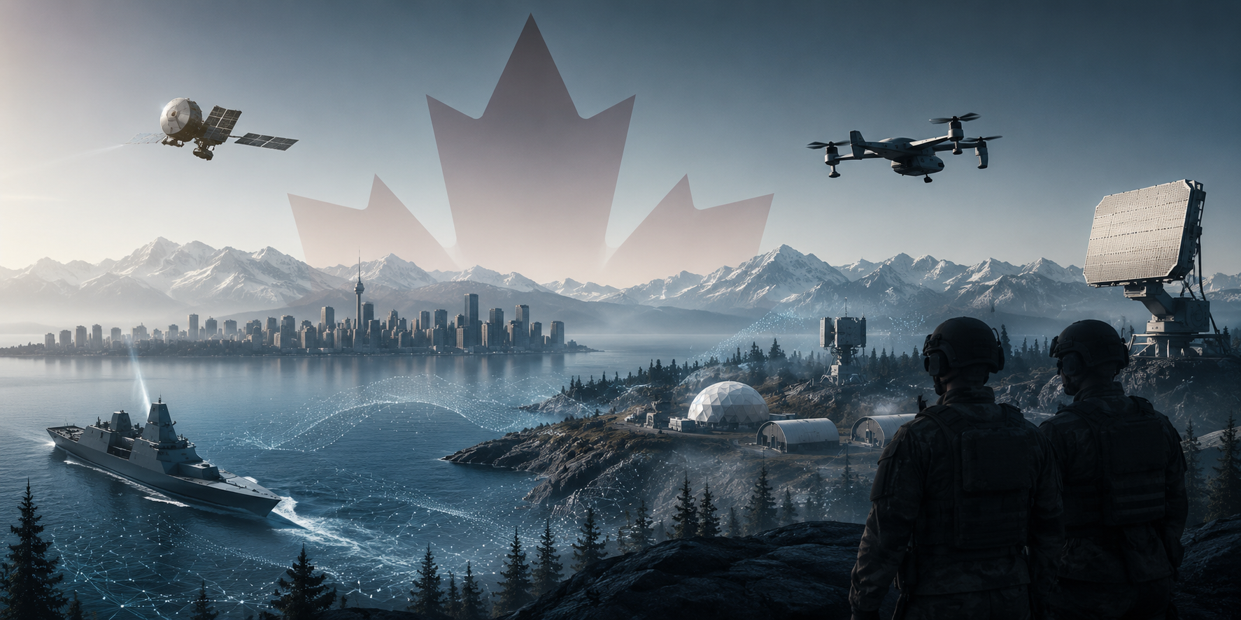 Canadian defence and dual-use technology illustration with satellite, drone, naval vessel and radar over a Canadian skyline