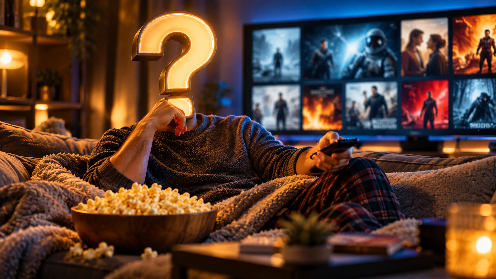 Someone lying on a sofa with popcorn, holding a glowing question mark, facing a TV full of film thumbnails