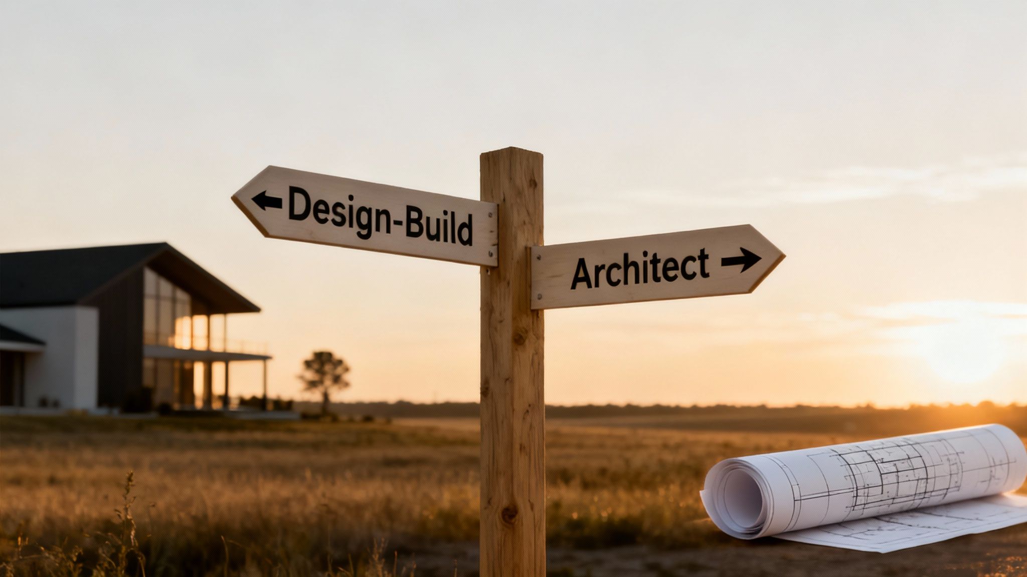 Decision point between Design-Build and Architect on a signpost, with a modern home and plans.