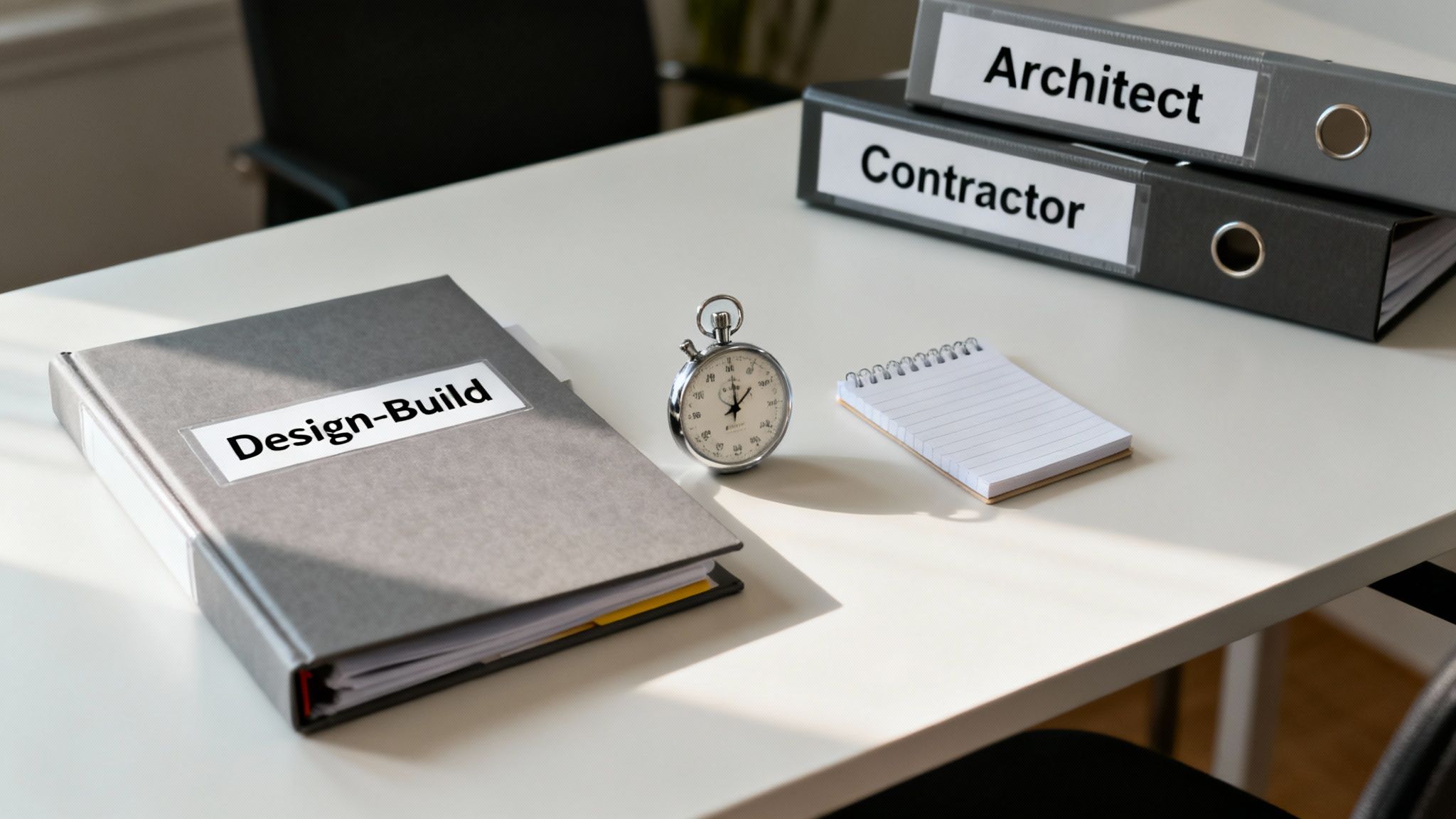A desk with labeled folders for Architect, Contractor, and Design-Build, alongside a stopwatch and notepad.