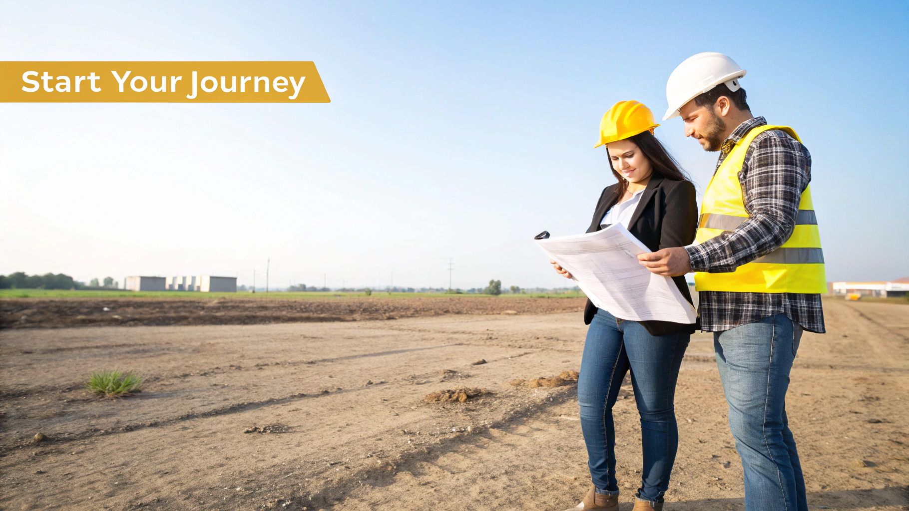 Two construction professionals, a man and a woman in hard hats, review building plans on a sunny construction site.