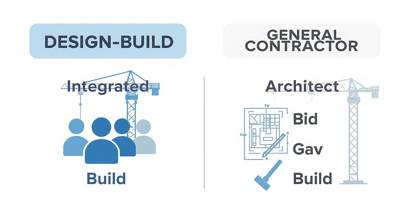 An infographic comparing Design-Build with General Contractor construction methods, showing integrated teams versus separate architect, bid, and build stages.