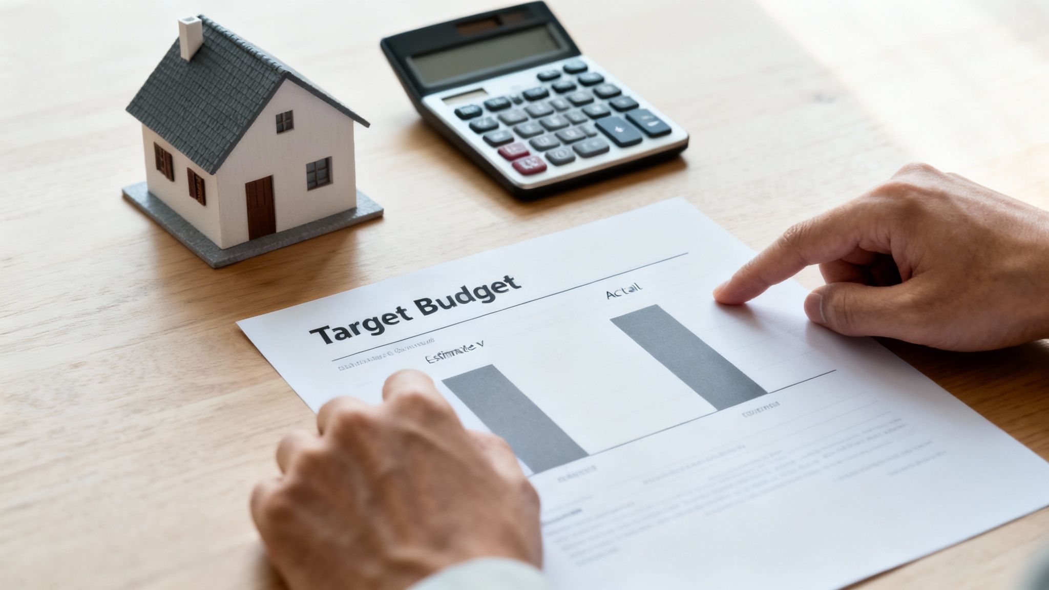 A person's hands reviewing a budget document with a miniature house and calculator on a wooden desk.