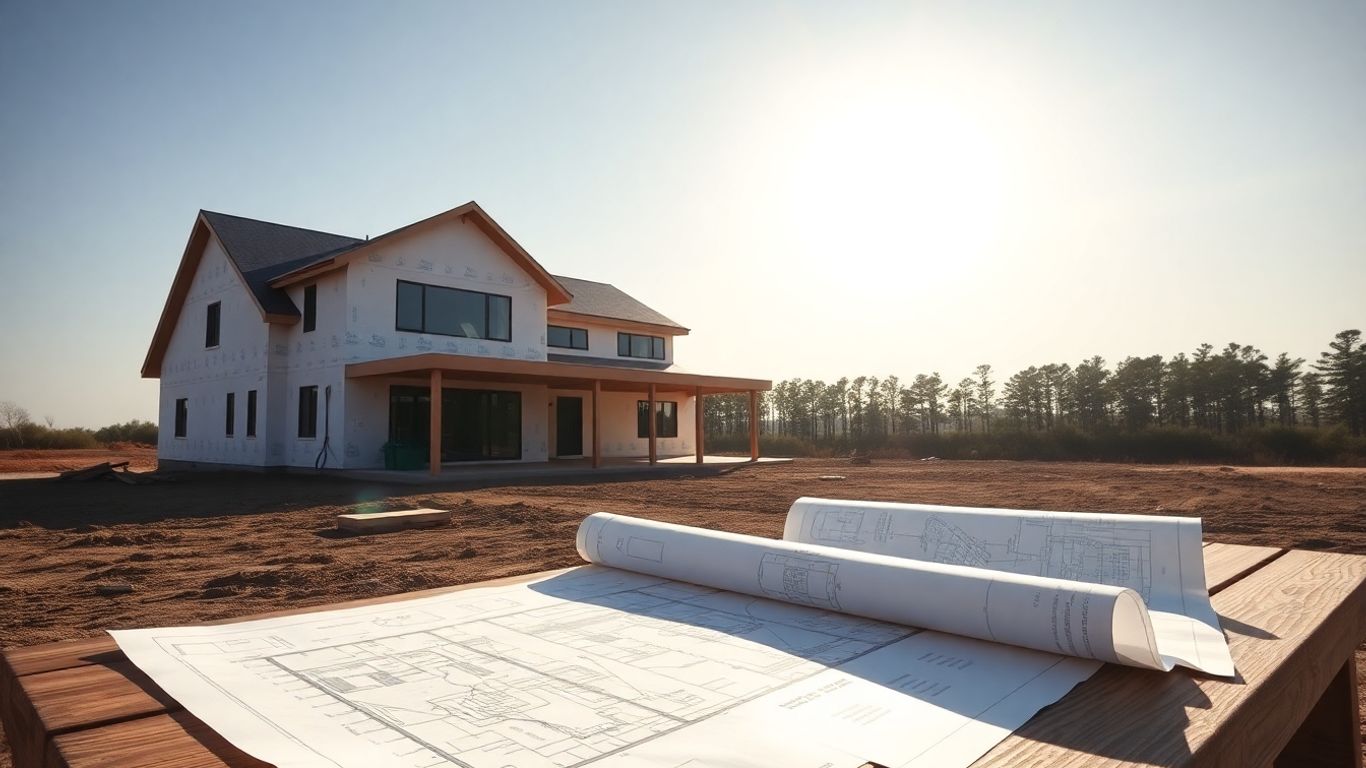 Construction site with house framing and blueprints.