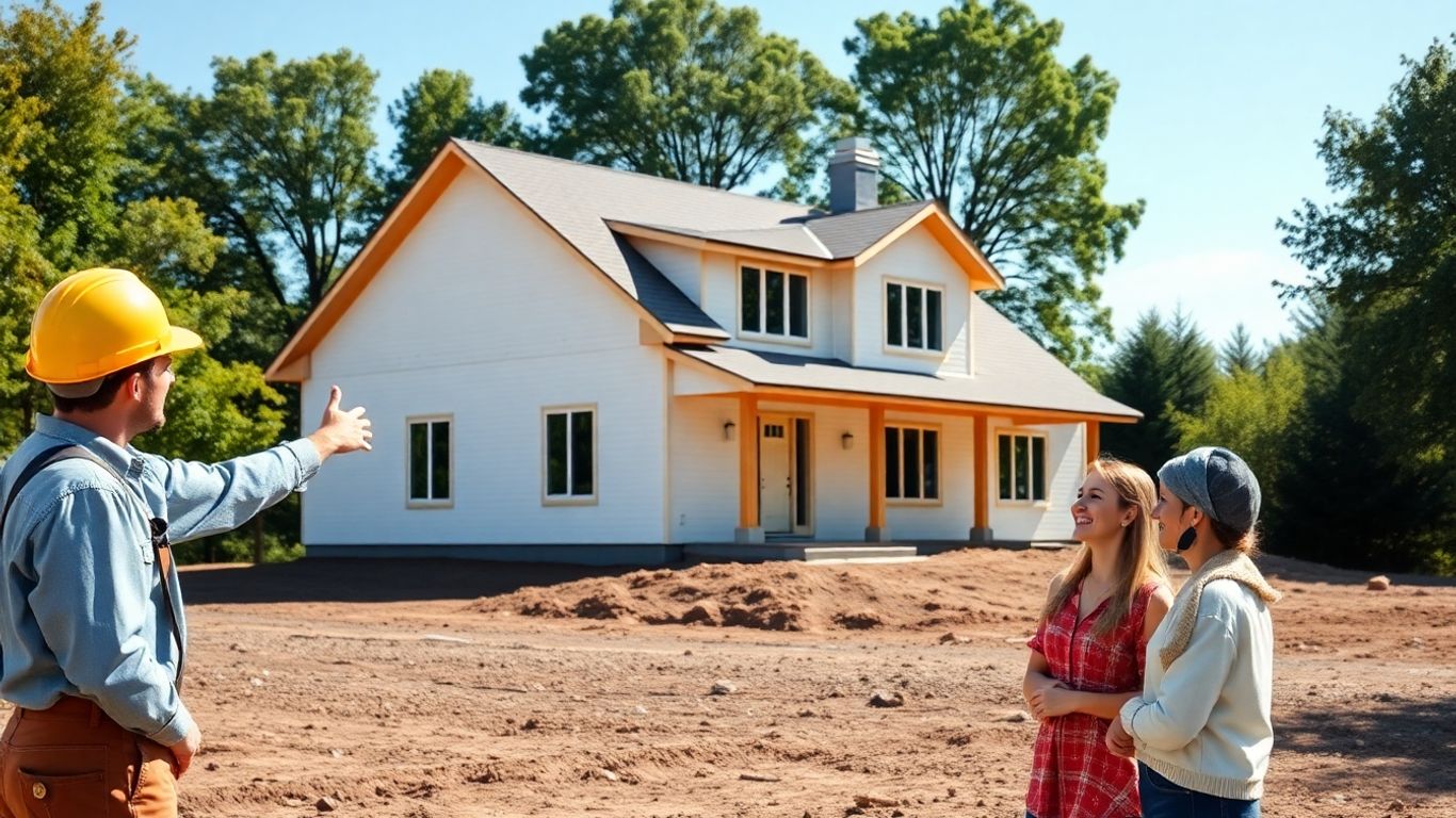 Couple and builder admire new house on land.