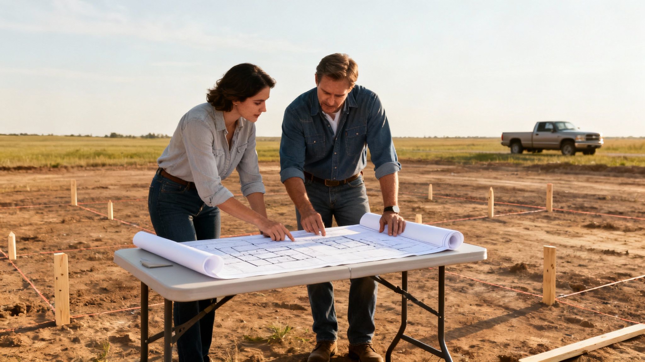 Two people, a man and a woman, reviewing blueprints for a new home construction project on a marked-out plot of land.
