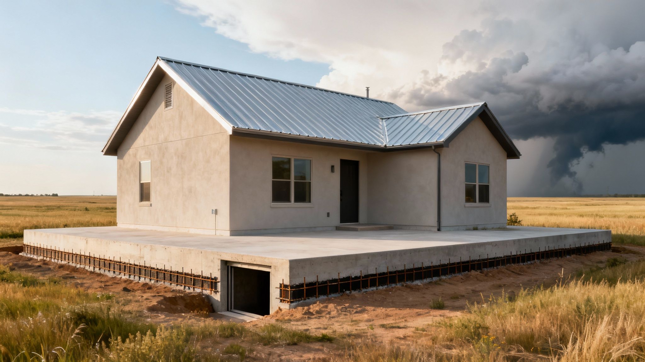 A modern custom home under construction with a metal roof and concrete foundation in a field.