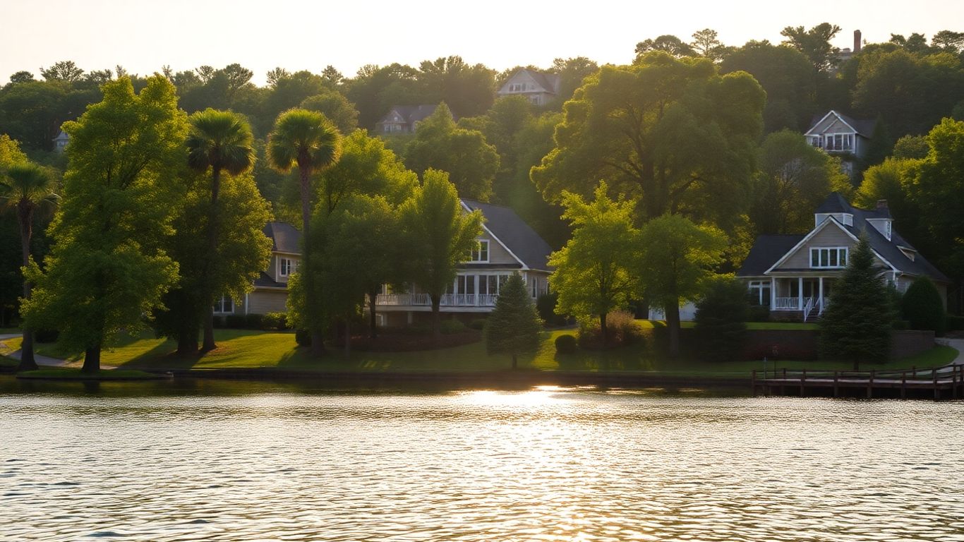 Lakeside homes with mature trees and calm water.