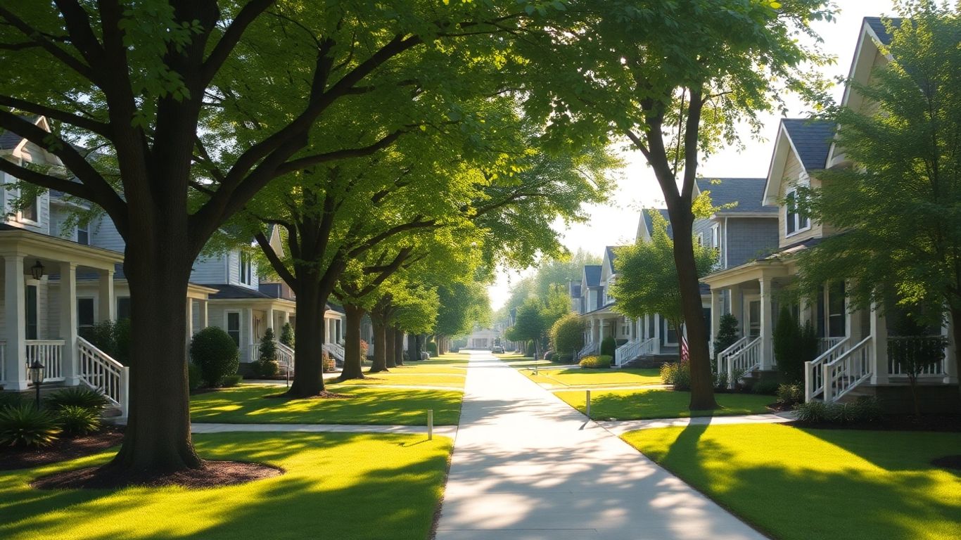 Charming suburban street with well-kept homes and green lawns.