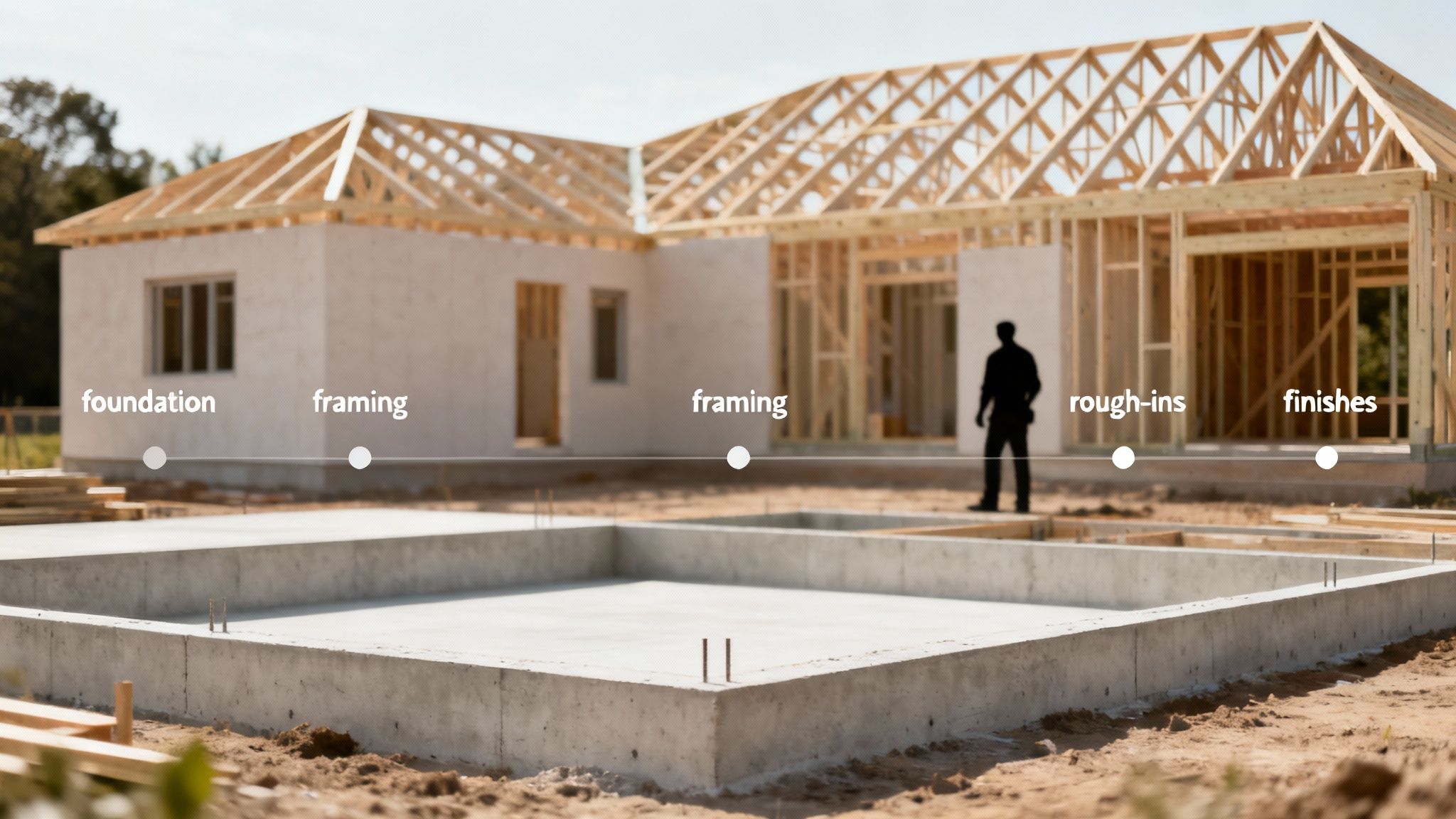 Construction timeline showing a house being built, from foundation and framing to rough-ins and finishes.