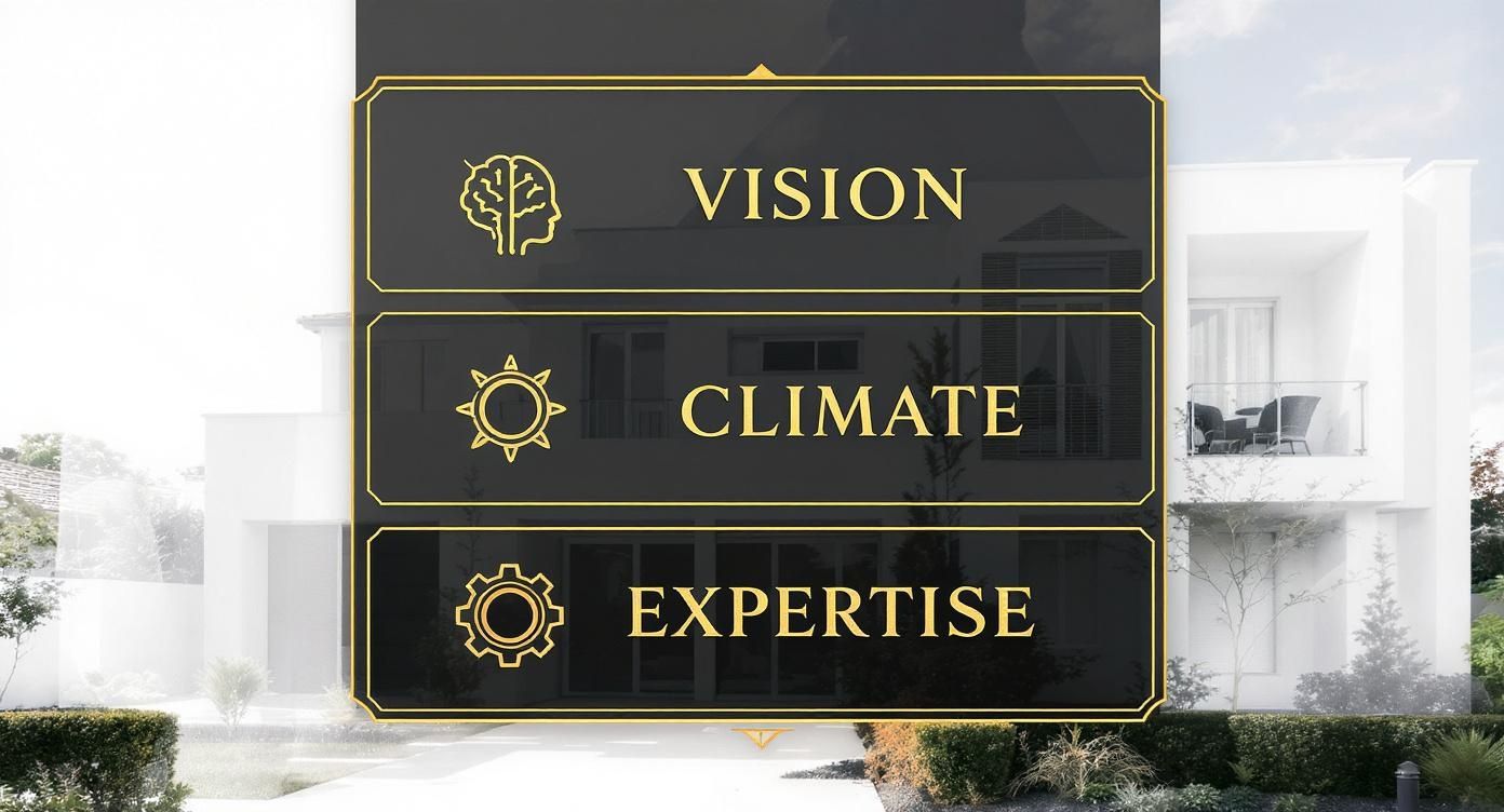 Three gold-framed sections on a dark background showing Vision, Climate, and Expertise with corresponding icons, overlaying a modern house.