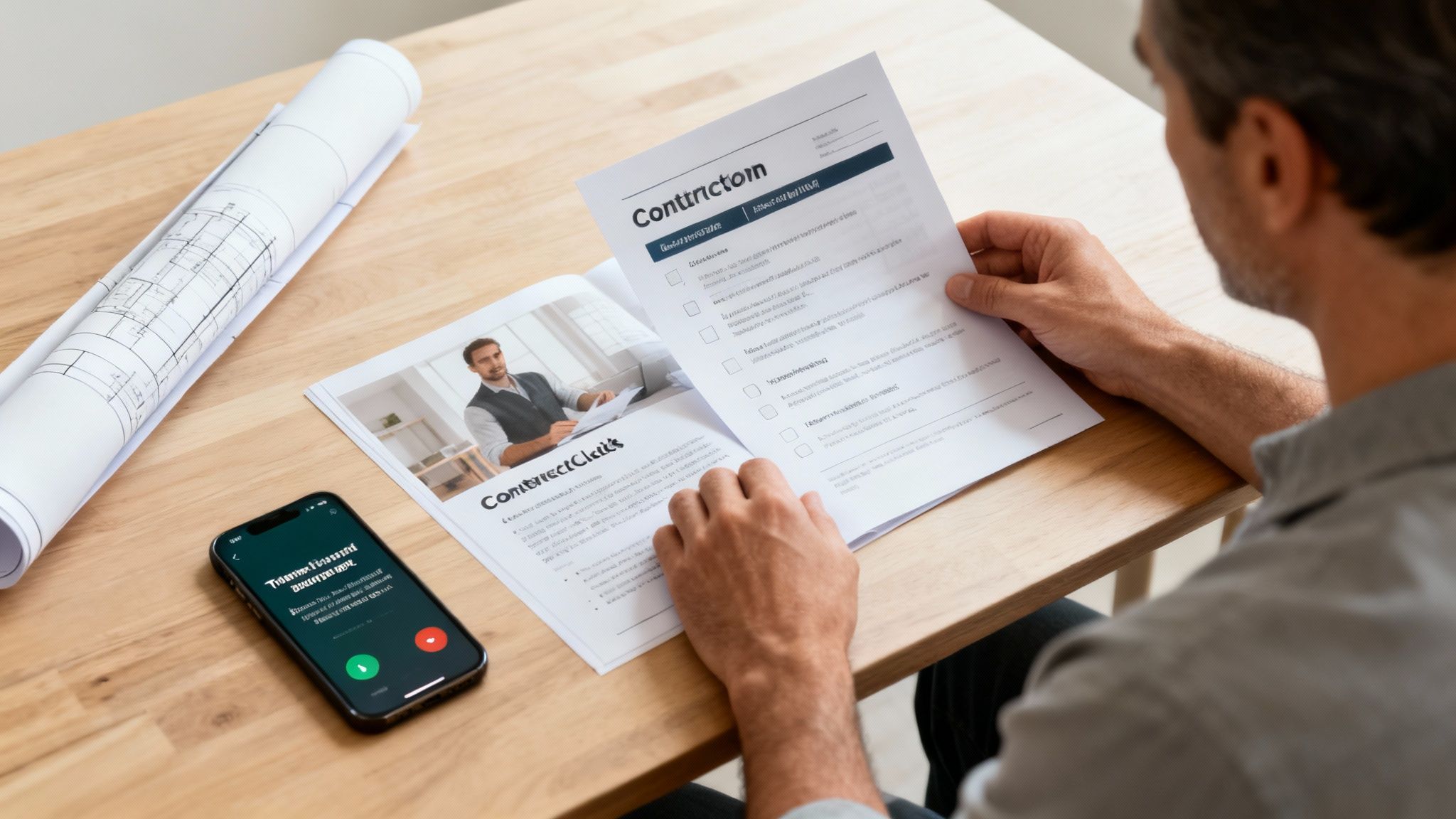 Overhead shot of a person reviewing a contract on a wooden table with blueprints and a phone.
