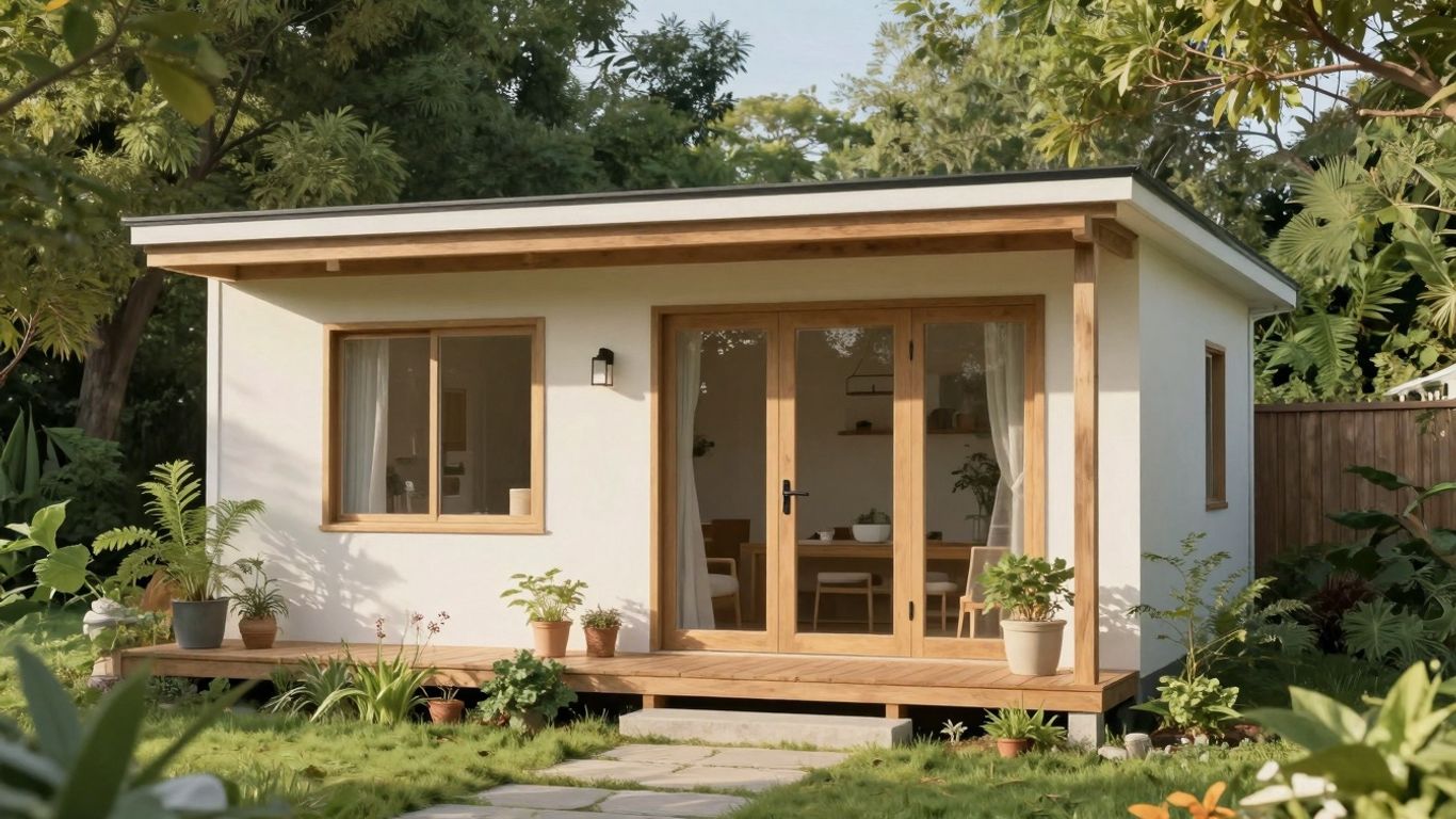 Cozy modern small house with green landscaping.
