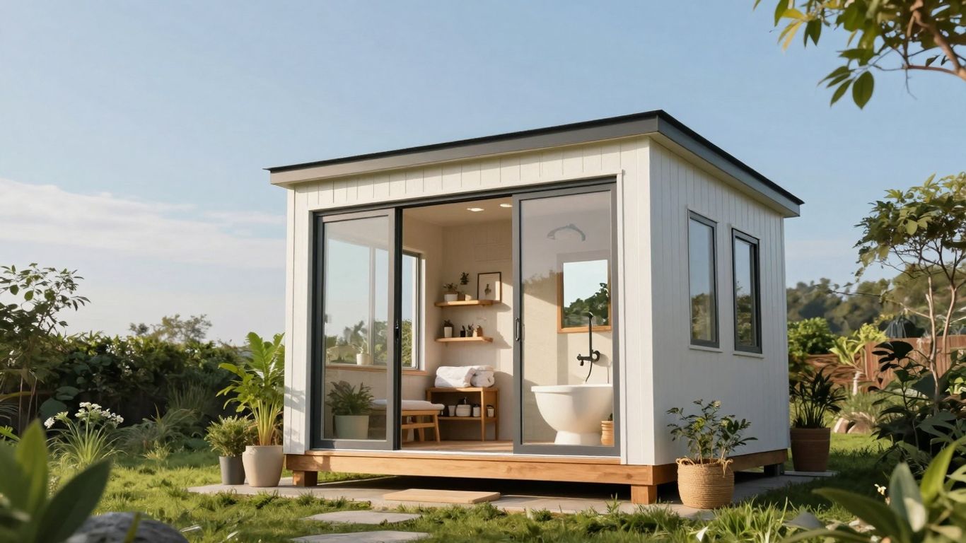 Modern small house exterior with large windows and greenery.