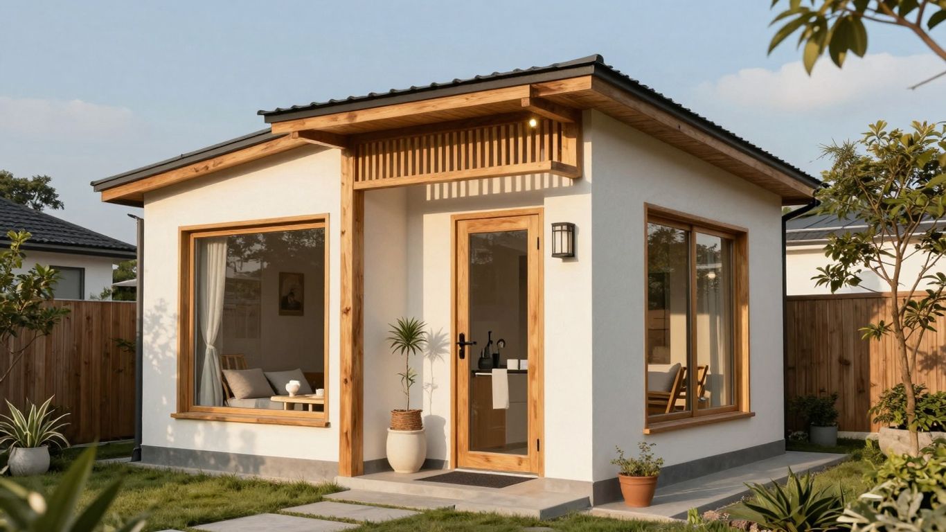 Modern small house design with large windows and garden.