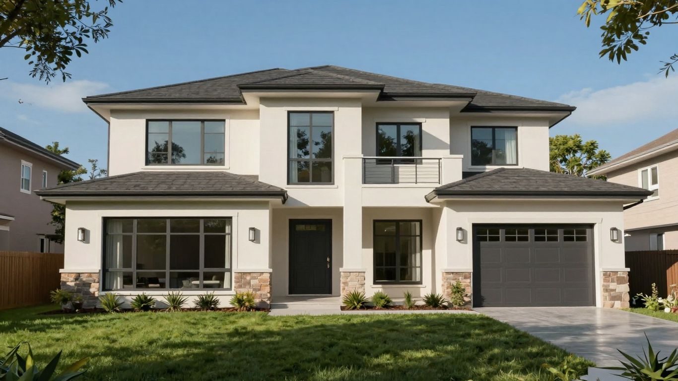 Affordable house plan exterior with green lawn and blue sky.