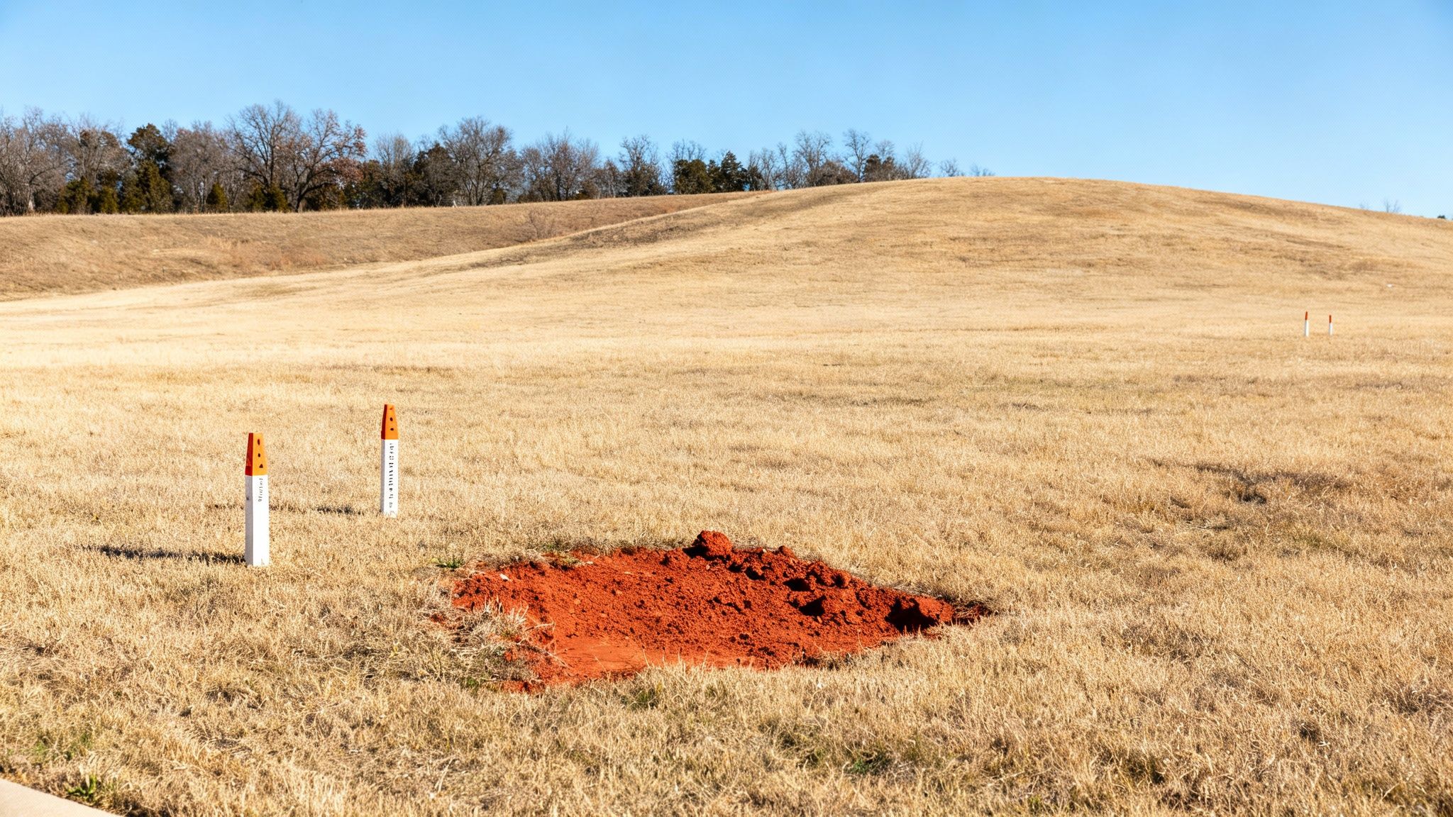 A field of dry grass with red dirt, surveyor stakes, and distant trees under a blue sky.