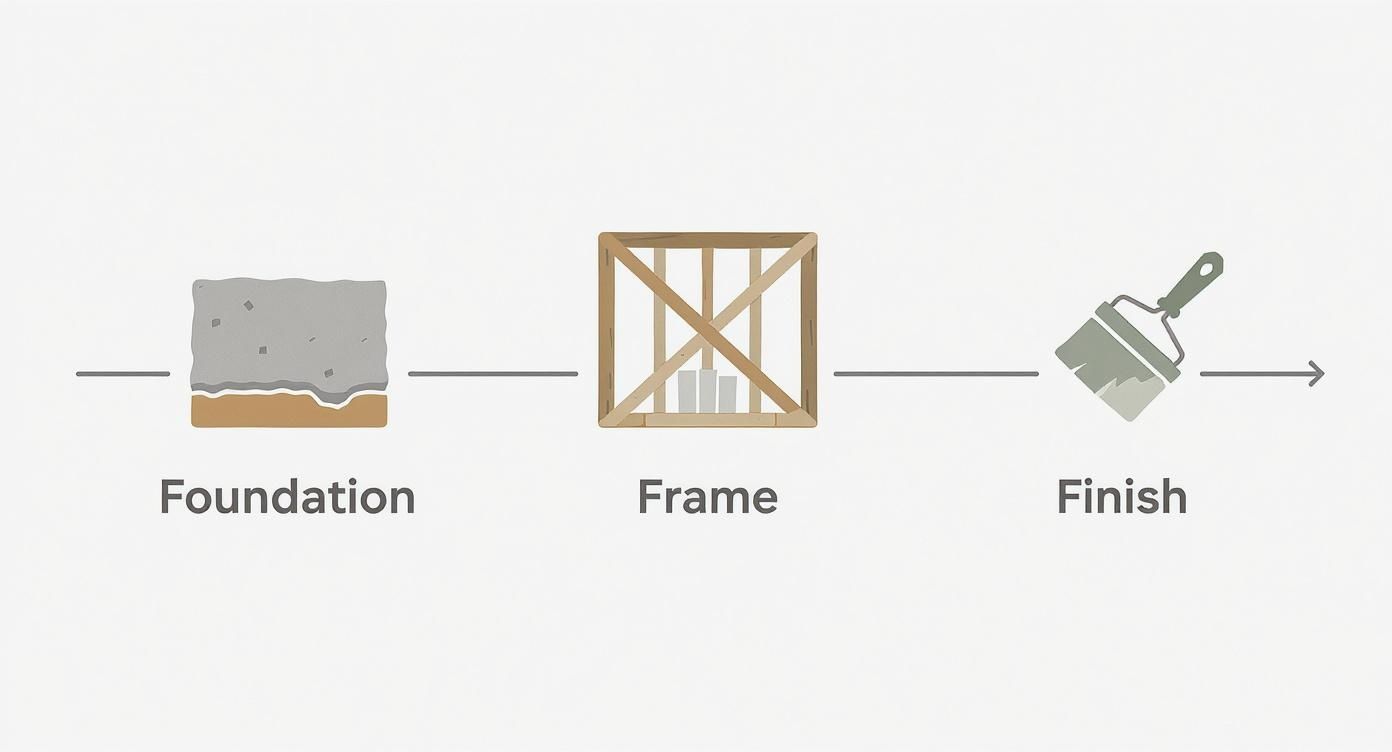An illustration showing the three main stages of construction: foundation, frame, and finish, with arrows.